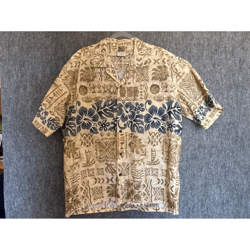 Winnie Fashion Hawaiian Shirt 2XL Tapa Tribal Hibiscus Made in Hawaii Cotton Tan